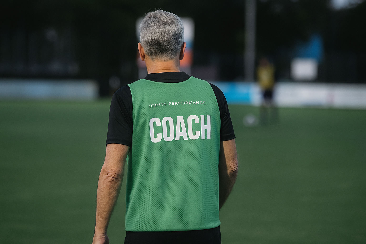 A coach in a green vest marked Coach, seen from behind on the field
